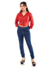 Red Floral Print Cotton Collared Crop Top for Women