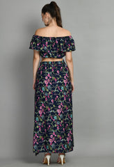 Women's Two Piece Outfit Floral Crop Top and Split Long Skirt Set