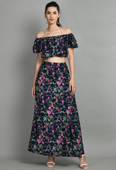 Women's Two Piece Outfit Floral Crop Top and Split Long Skirt Set