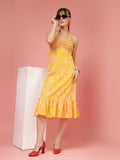 Women Yellow Printed A-Line Midi Dress