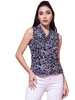 Women's Navy Blue Floral Print Sleeveless Collar Neck Top