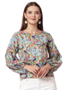 Women Floral Print Round Neck Cuffed Sleeves Top
