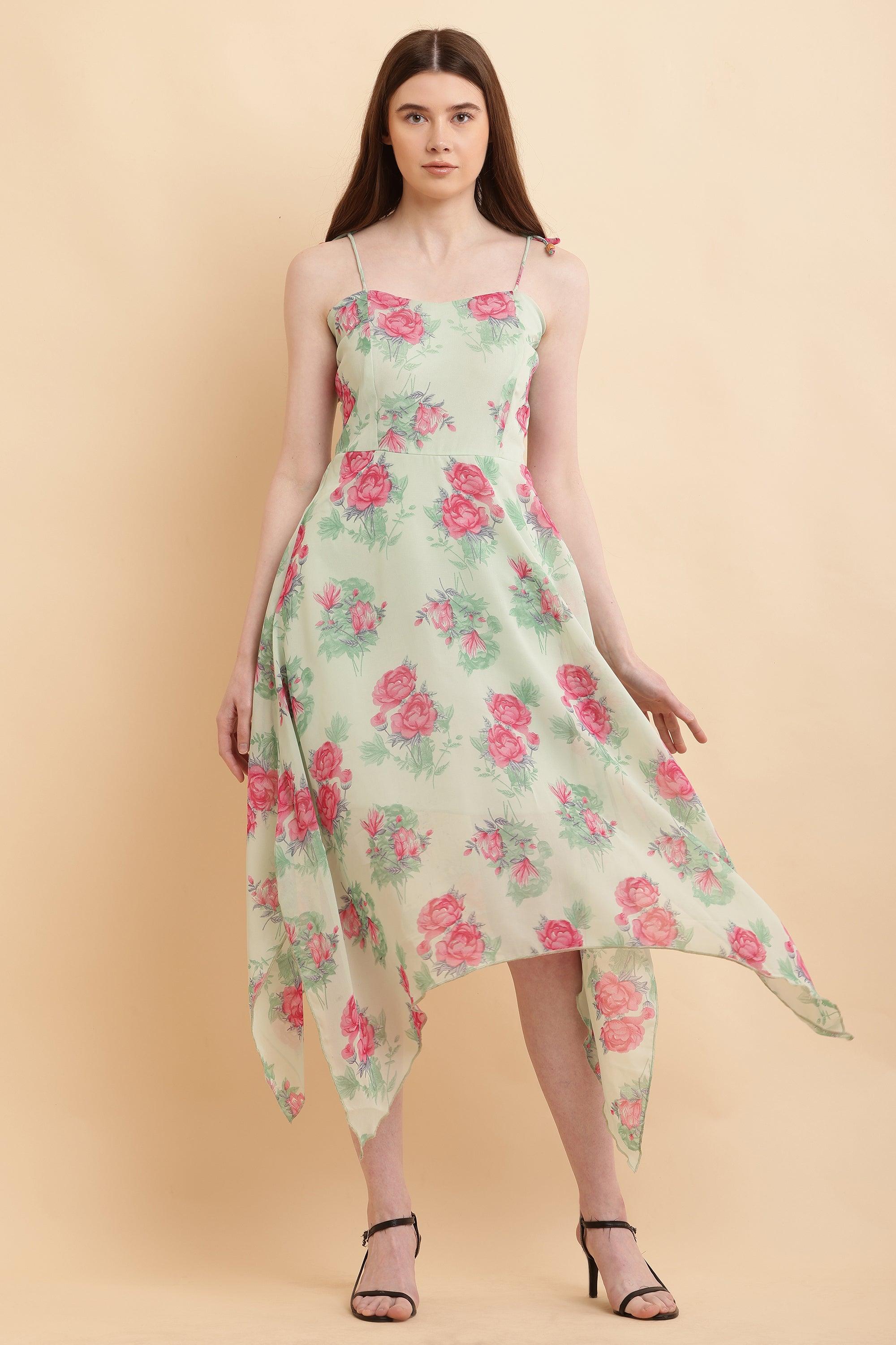 Light Green Printed A Line Georgette Dress