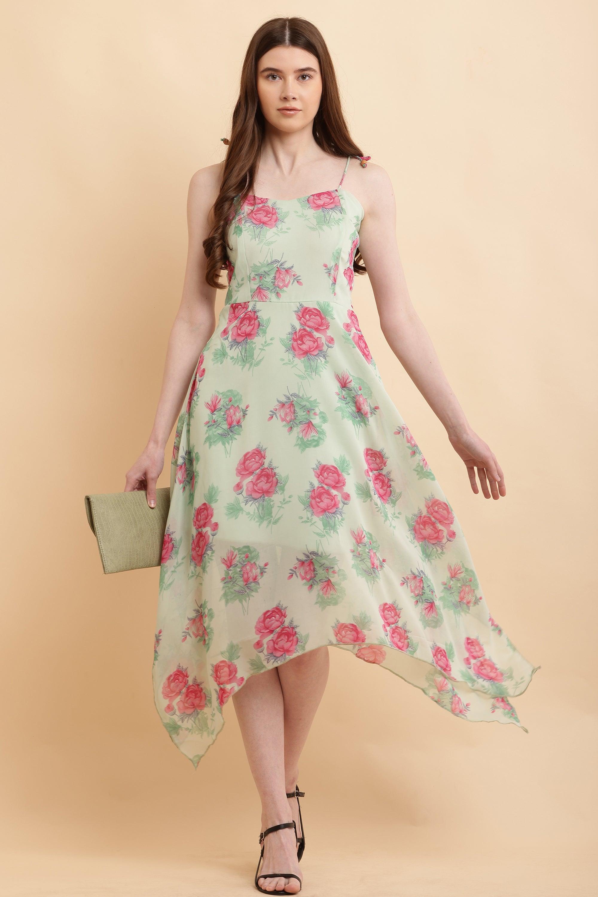 Light Green Printed A Line Georgette Dress