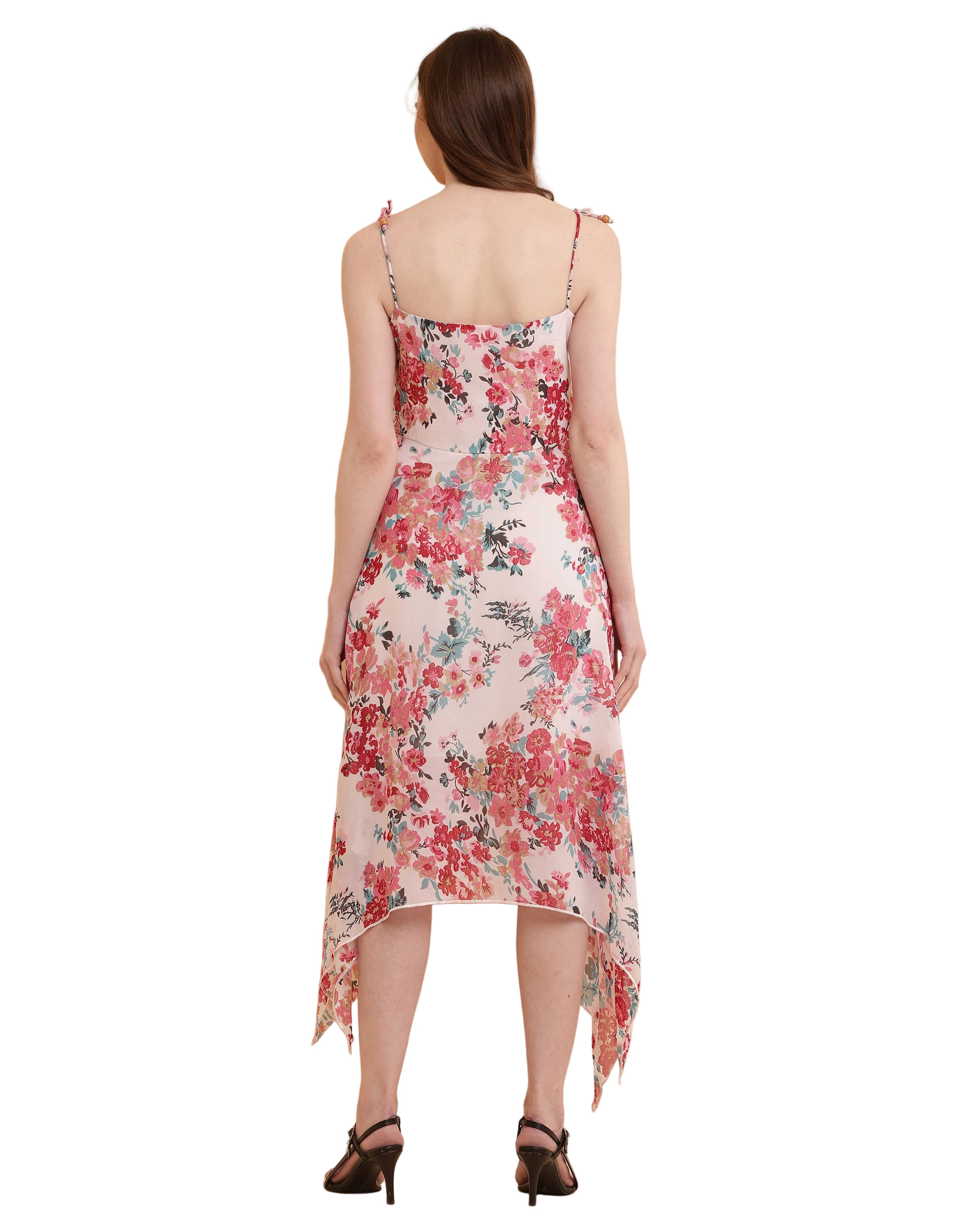 Pink Floral Print Handkerchief Hem Slip Dress