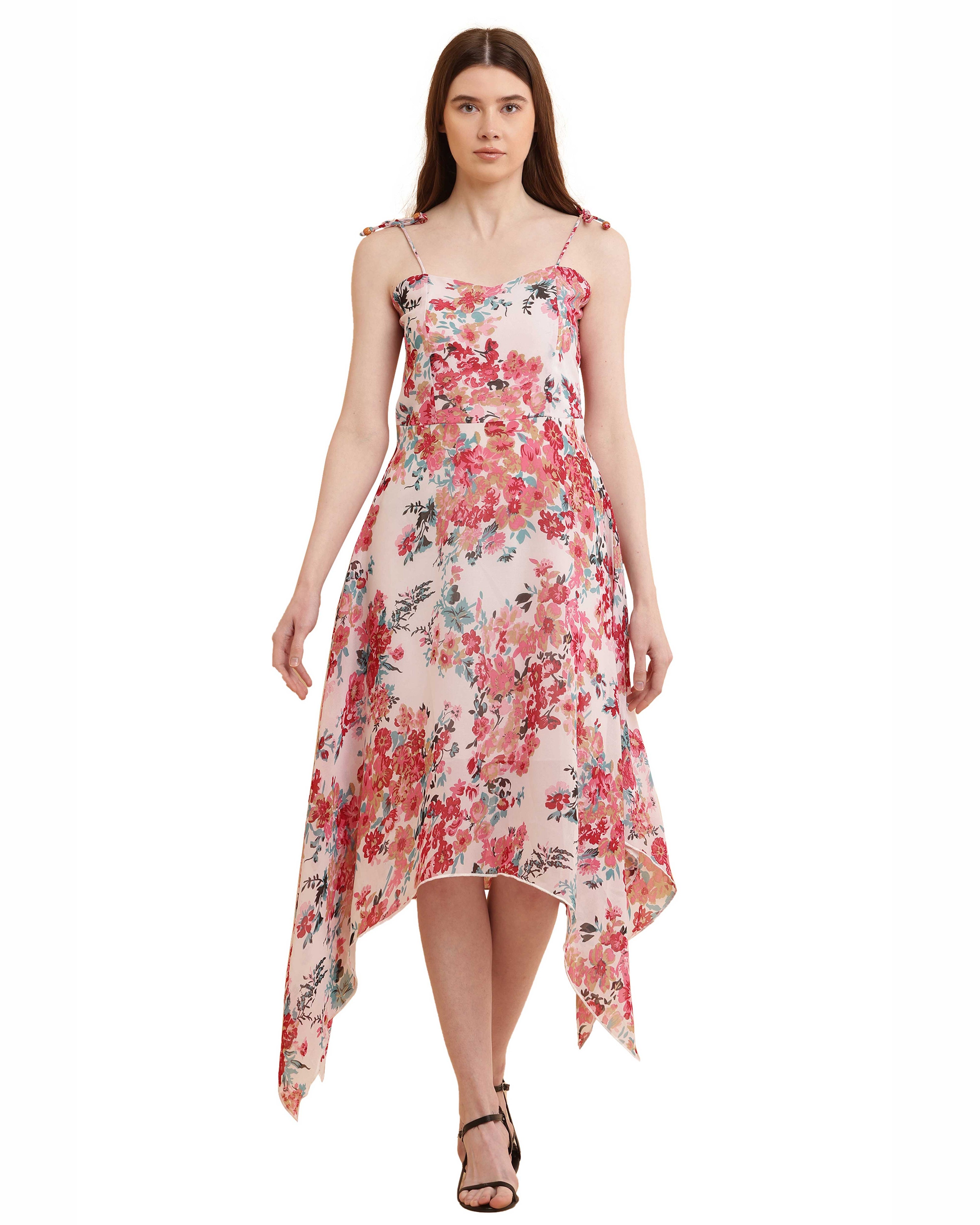 Pink Floral Print Handkerchief Hem Slip Dress