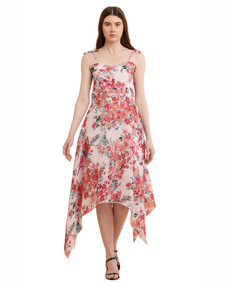 Pink Floral Print Handkerchief Hem Slip Dress