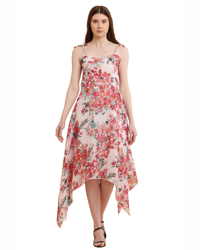 Pink Floral Print Handkerchief Hem Slip Dress