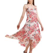 Pink Floral Print Handkerchief Hem Slip Dress