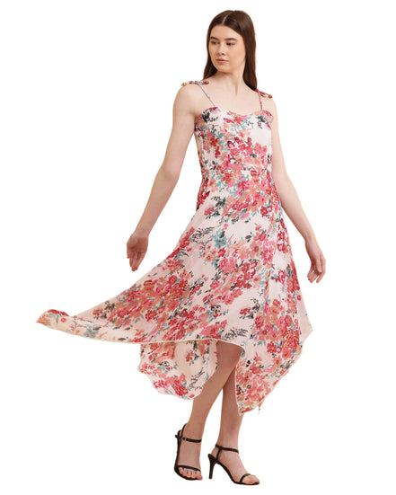 Pink Floral Print Handkerchief Hem Slip Dress