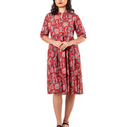 Red Floral Print Cotton A-Line Dress