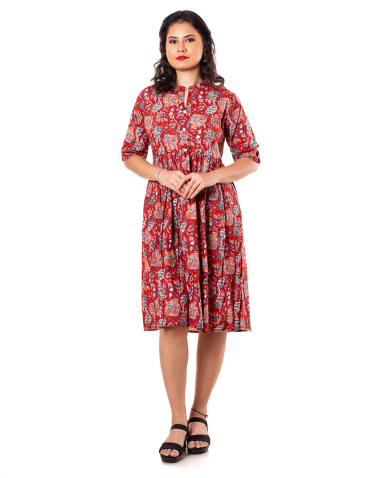 Red Floral Print Cotton A-Line Dress