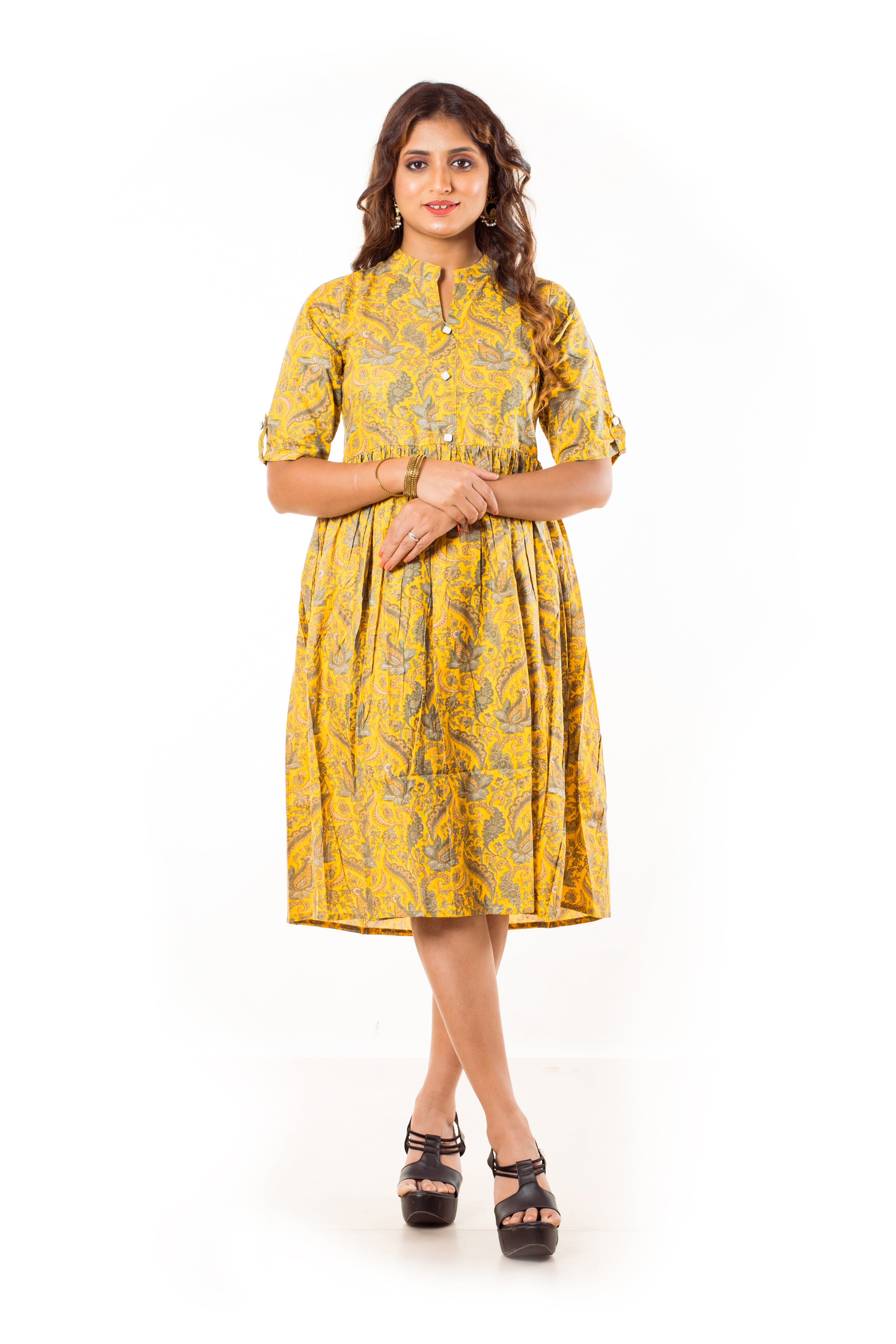 Yellow Paisley Print Cotton A-Line Dress