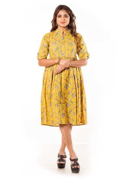 Yellow Paisley Print Cotton A-Line Dress