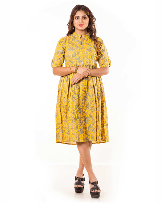 Yellow Paisley Print Cotton A-Line Dress