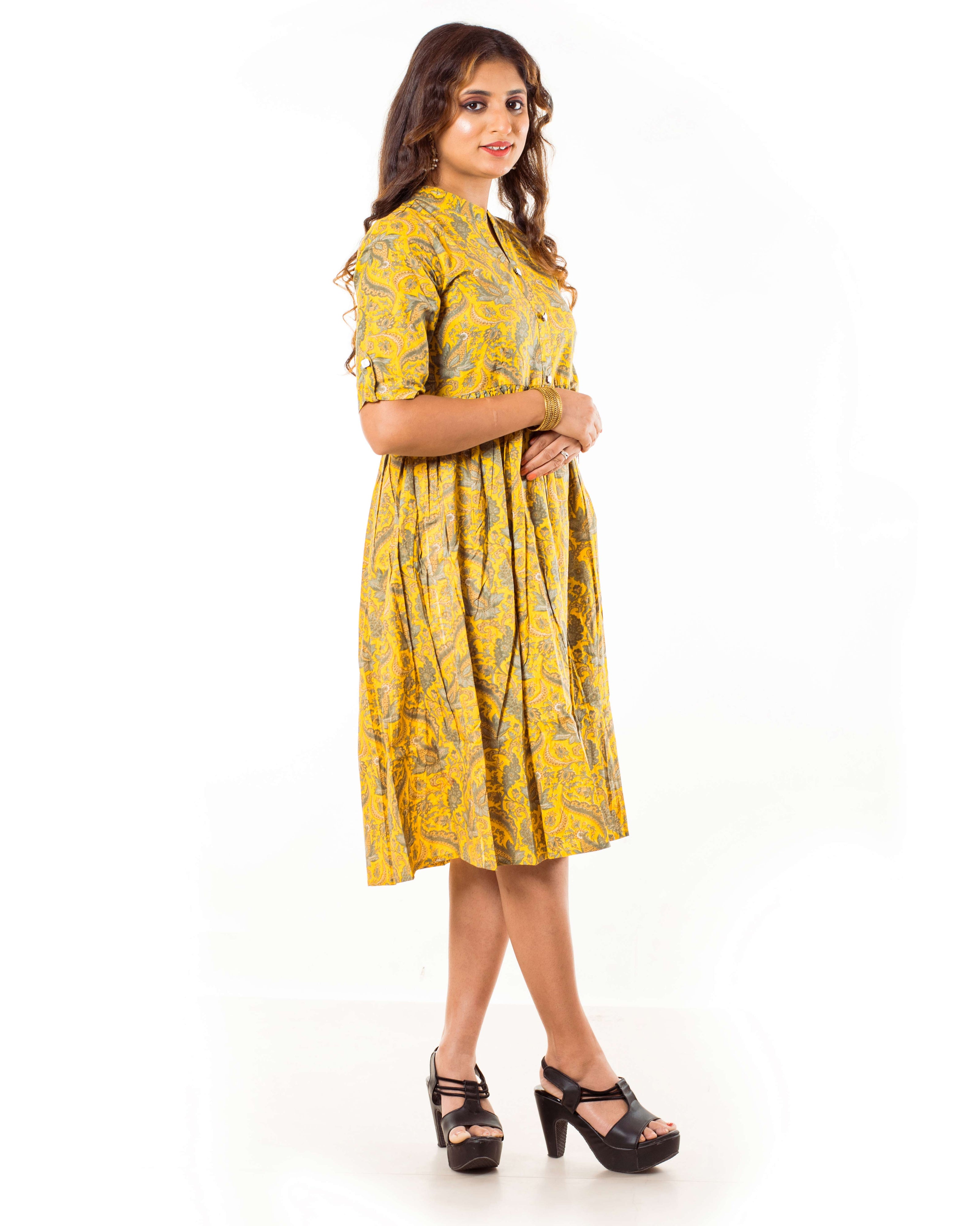 Yellow Paisley Print Cotton A-Line Dress
