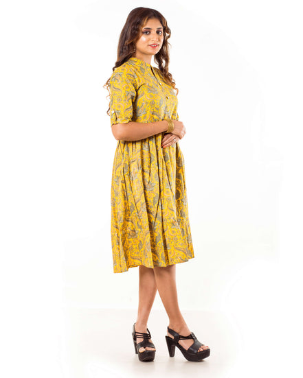 Yellow Paisley Print Cotton A-Line Dress