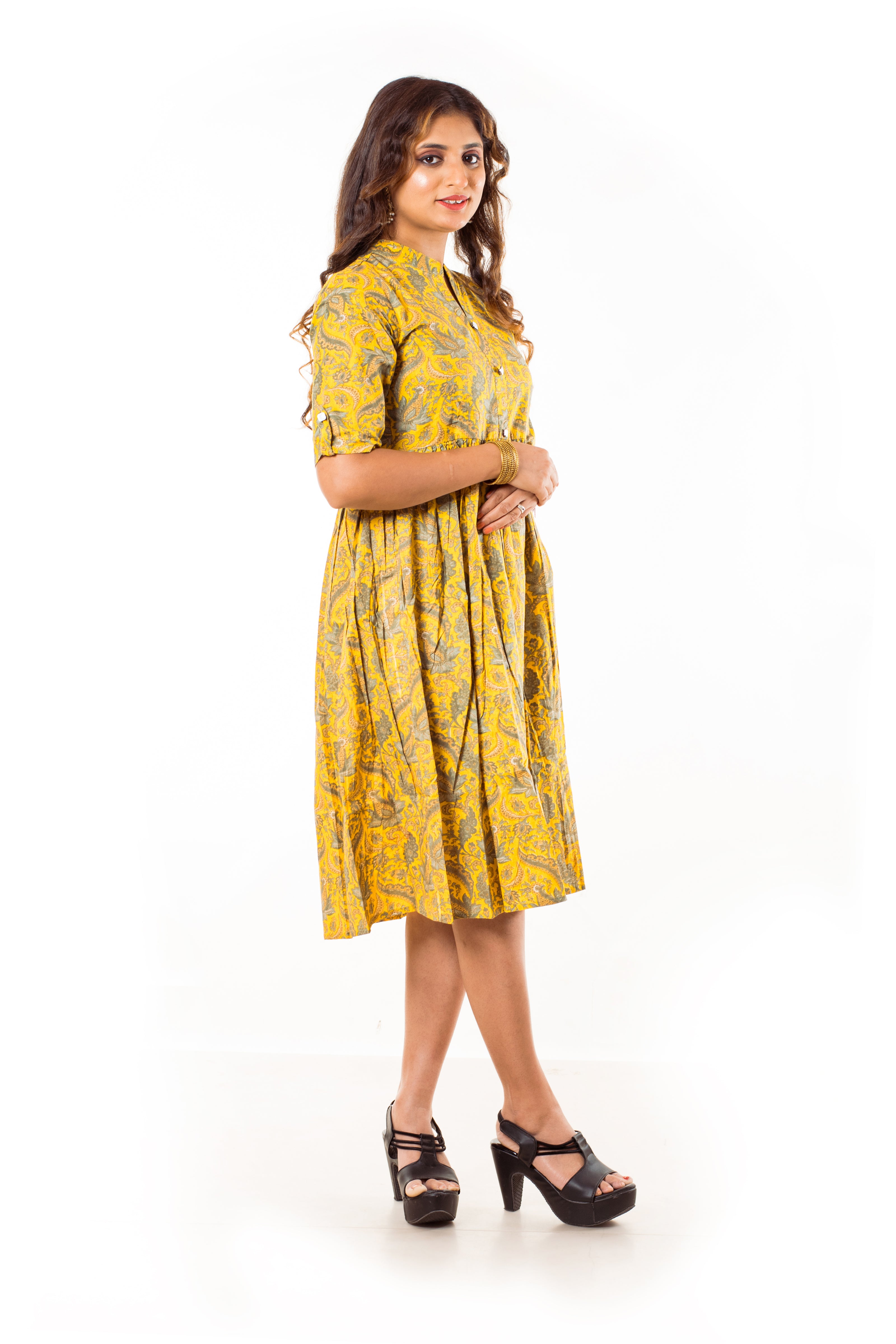 Yellow Paisley Print Cotton A-Line Dress
