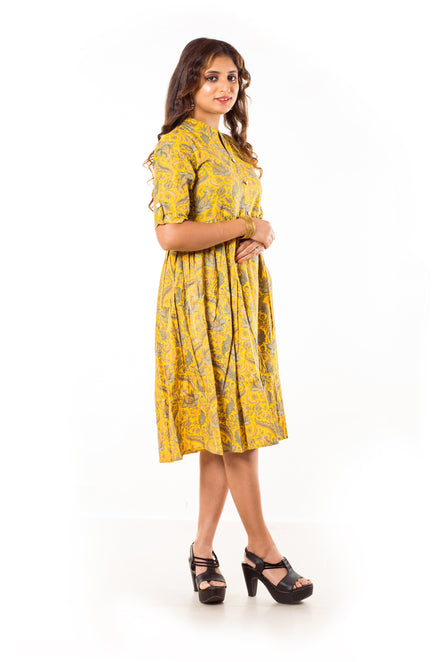 Yellow Paisley Print Cotton A-Line Dress