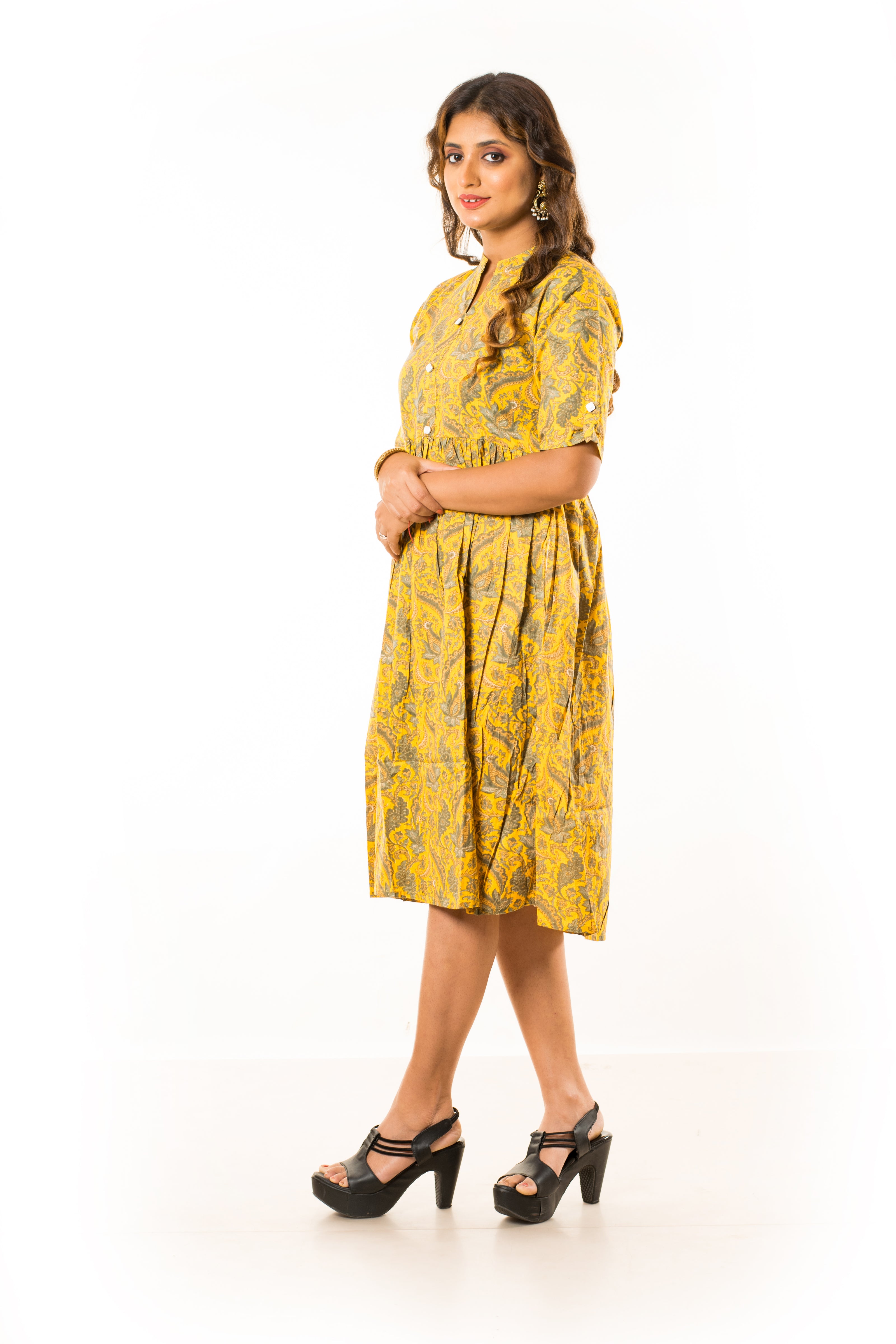 Yellow Paisley Print Cotton A-Line Dress
