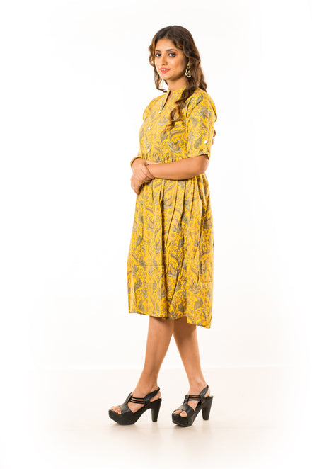 Yellow Paisley Print Cotton A-Line Dress