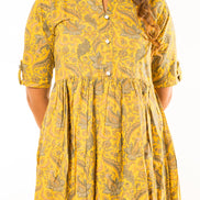 Yellow Paisley Print Cotton A-Line Dress