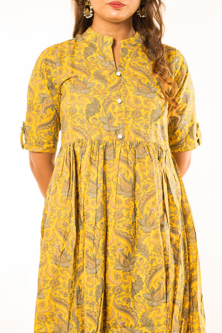 Yellow Paisley Print Cotton A-Line Dress