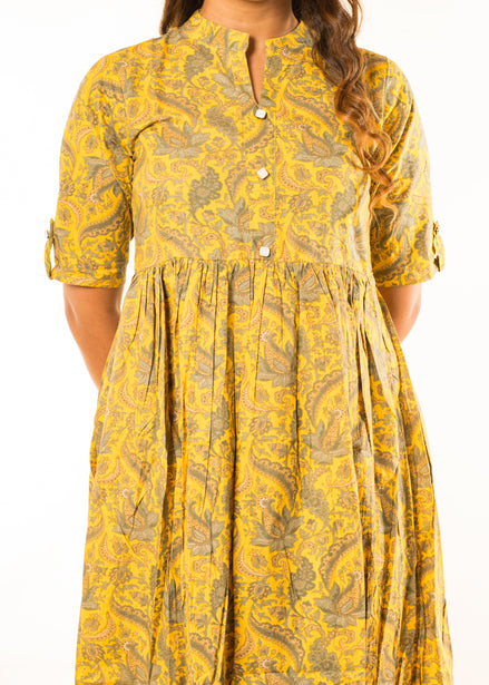 Yellow Paisley Print Cotton A-Line Dress