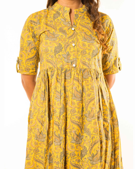Yellow Paisley Print Cotton A-Line Dress