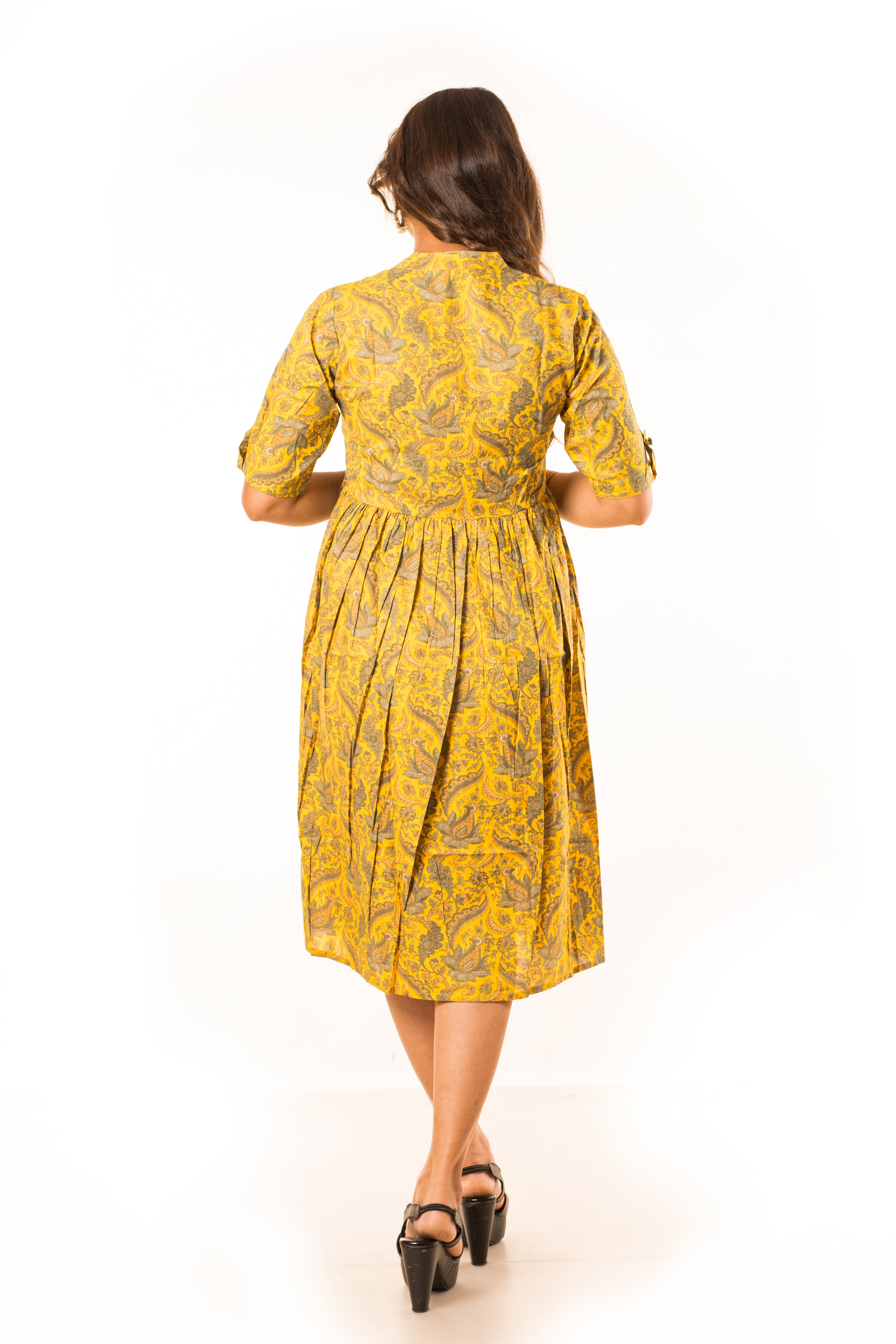 Yellow Paisley Print Cotton A-Line Dress