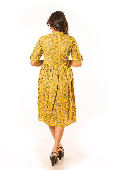 Yellow Paisley Print Cotton A-Line Dress