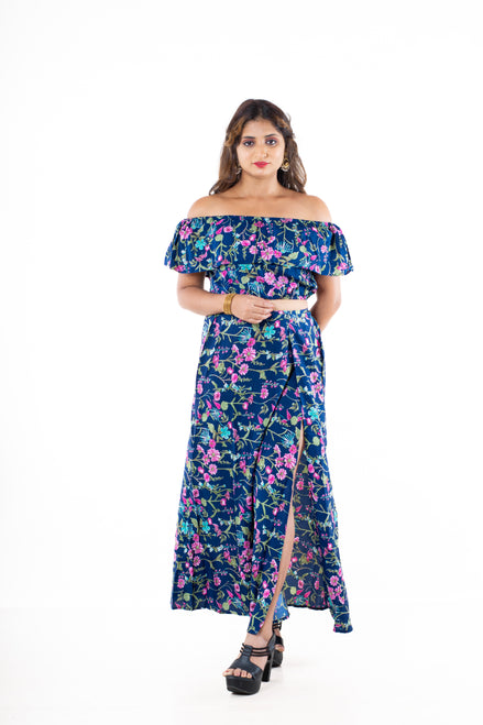 Women's Two Piece Outfit Floral Crop Top and Split Long Skirt Set