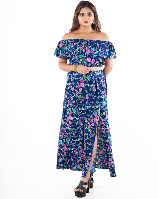 Women's Two Piece Outfit Floral Crop Top and Split Long Skirt Set