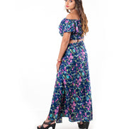 Women's Two Piece Outfit Floral Crop Top and Split Long Skirt Set