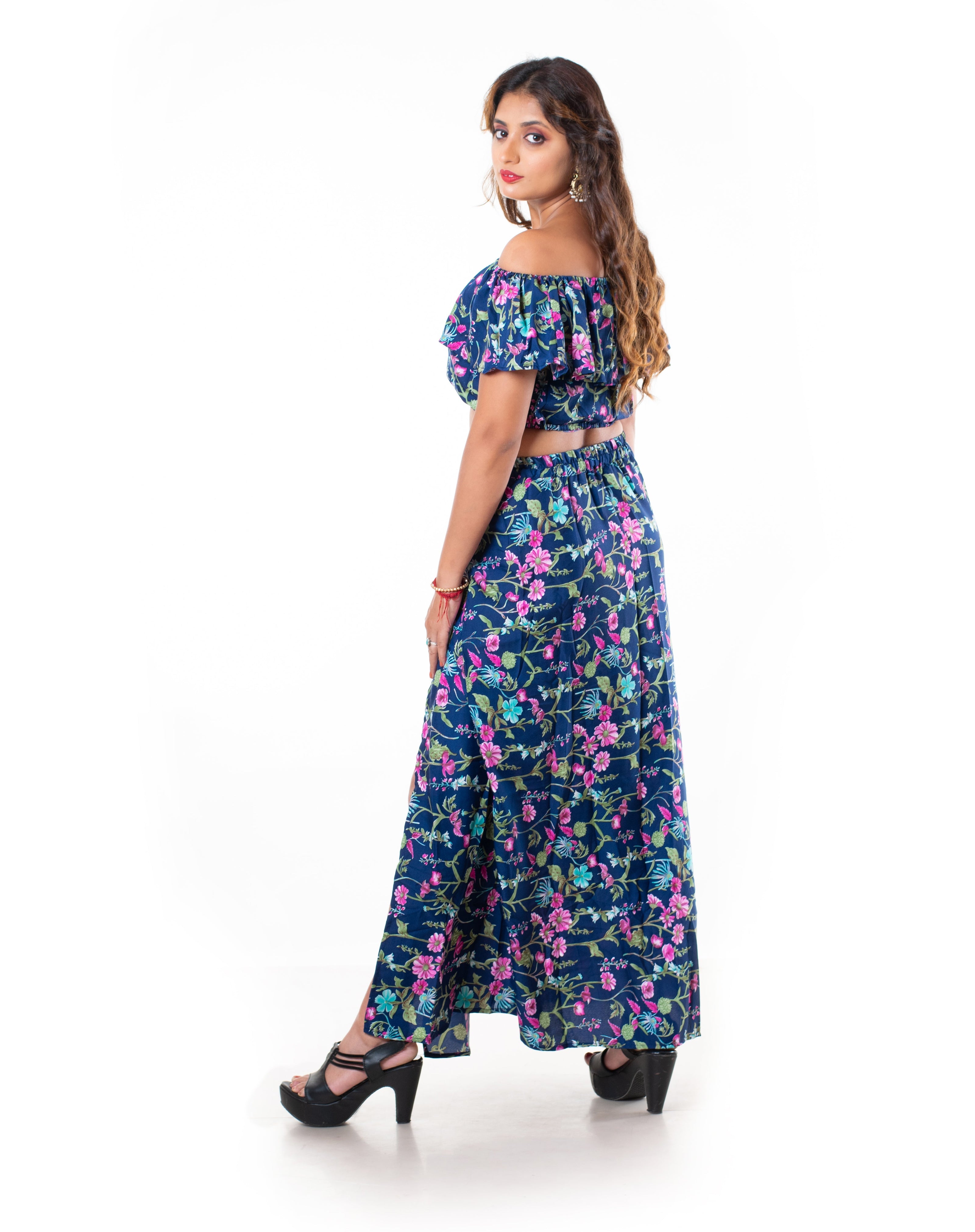 Women's Two Piece Outfit Floral Crop Top and Split Long Skirt Set