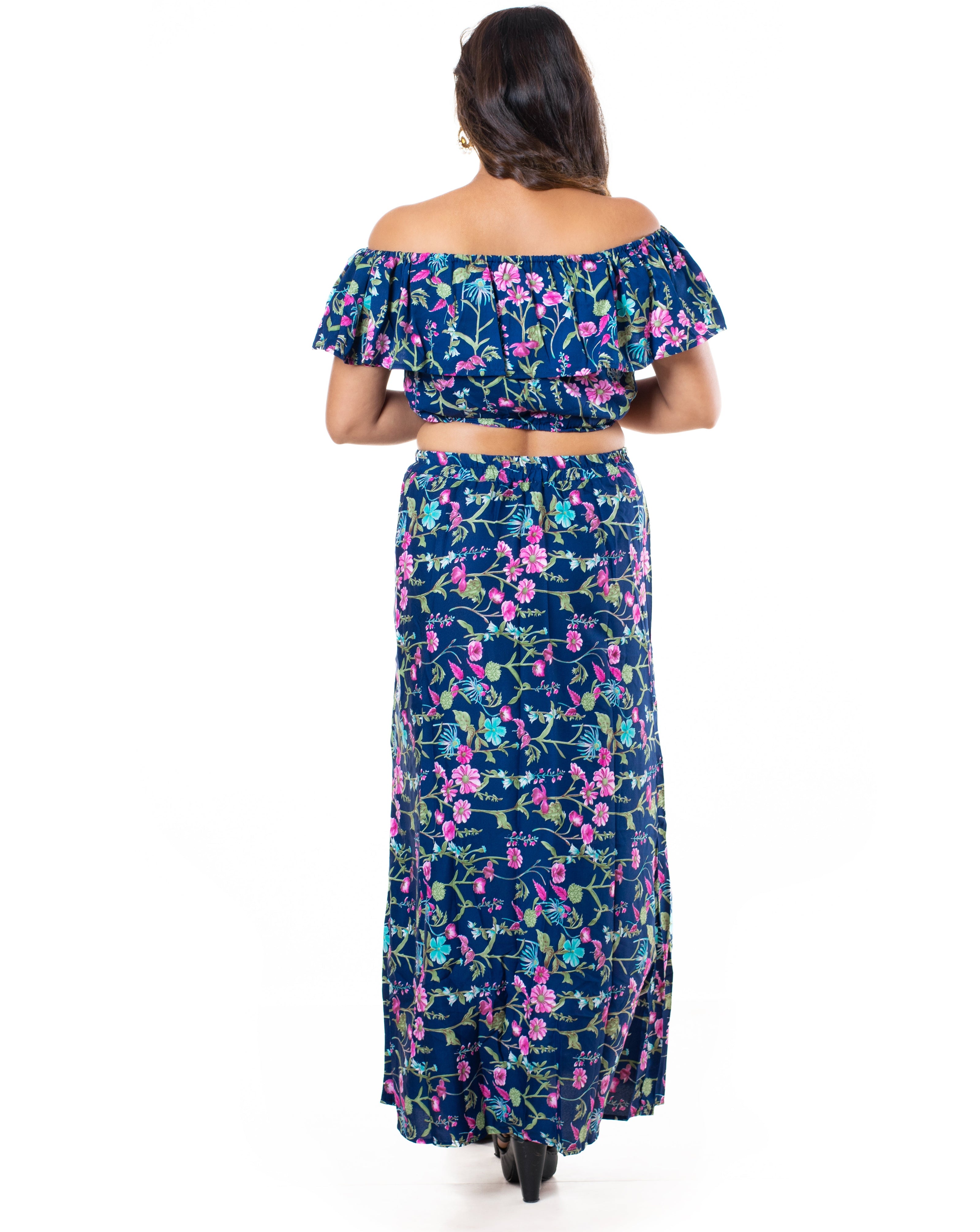 Women's Two Piece Outfit Floral Crop Top and Split Long Skirt Set