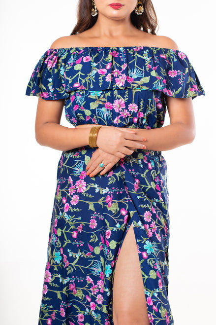 Women's Two Piece Outfit Floral Crop Top and Split Long Skirt Set