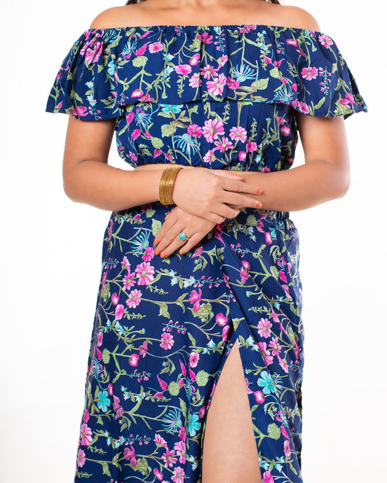 Women's Two Piece Outfit Floral Crop Top and Split Long Skirt Set