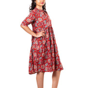 Red Floral Print Cotton A-Line Dress