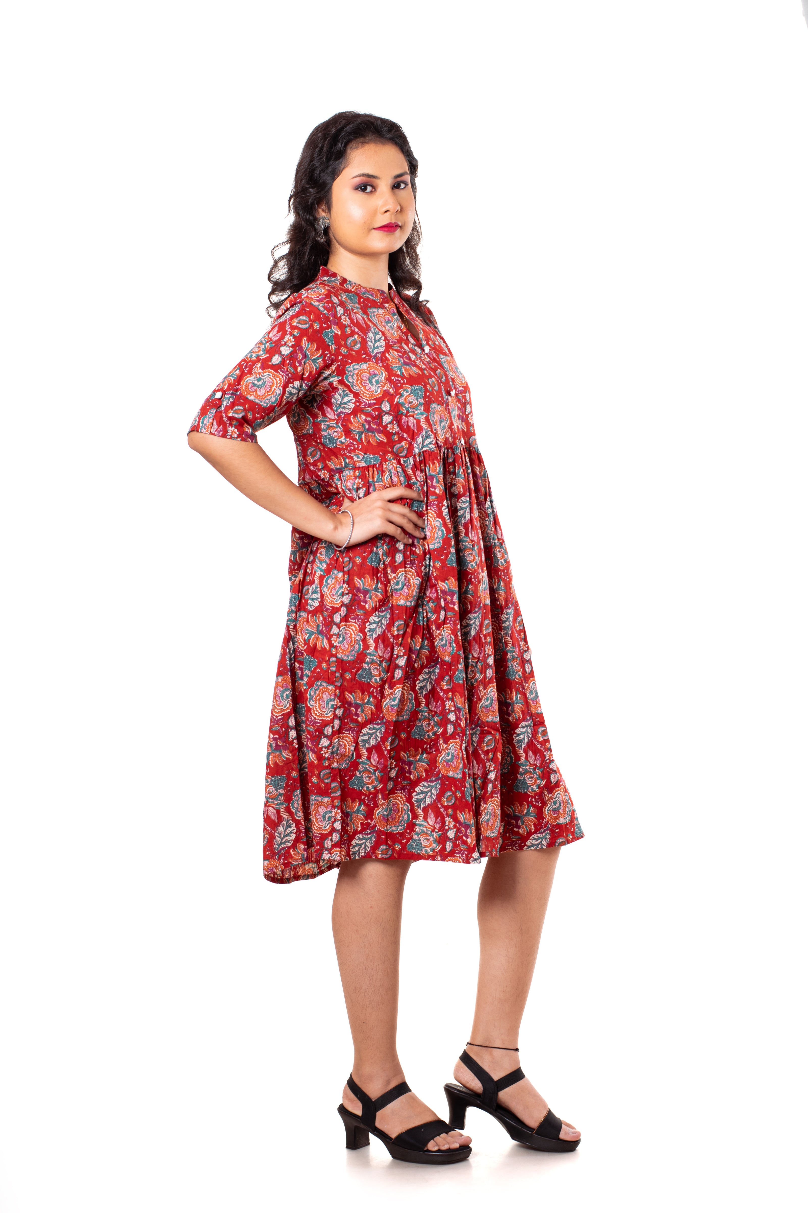 Red Floral Print Cotton A-Line Dress