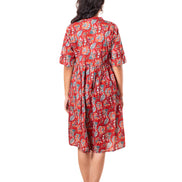 Red Floral Print Cotton A-Line Dress
