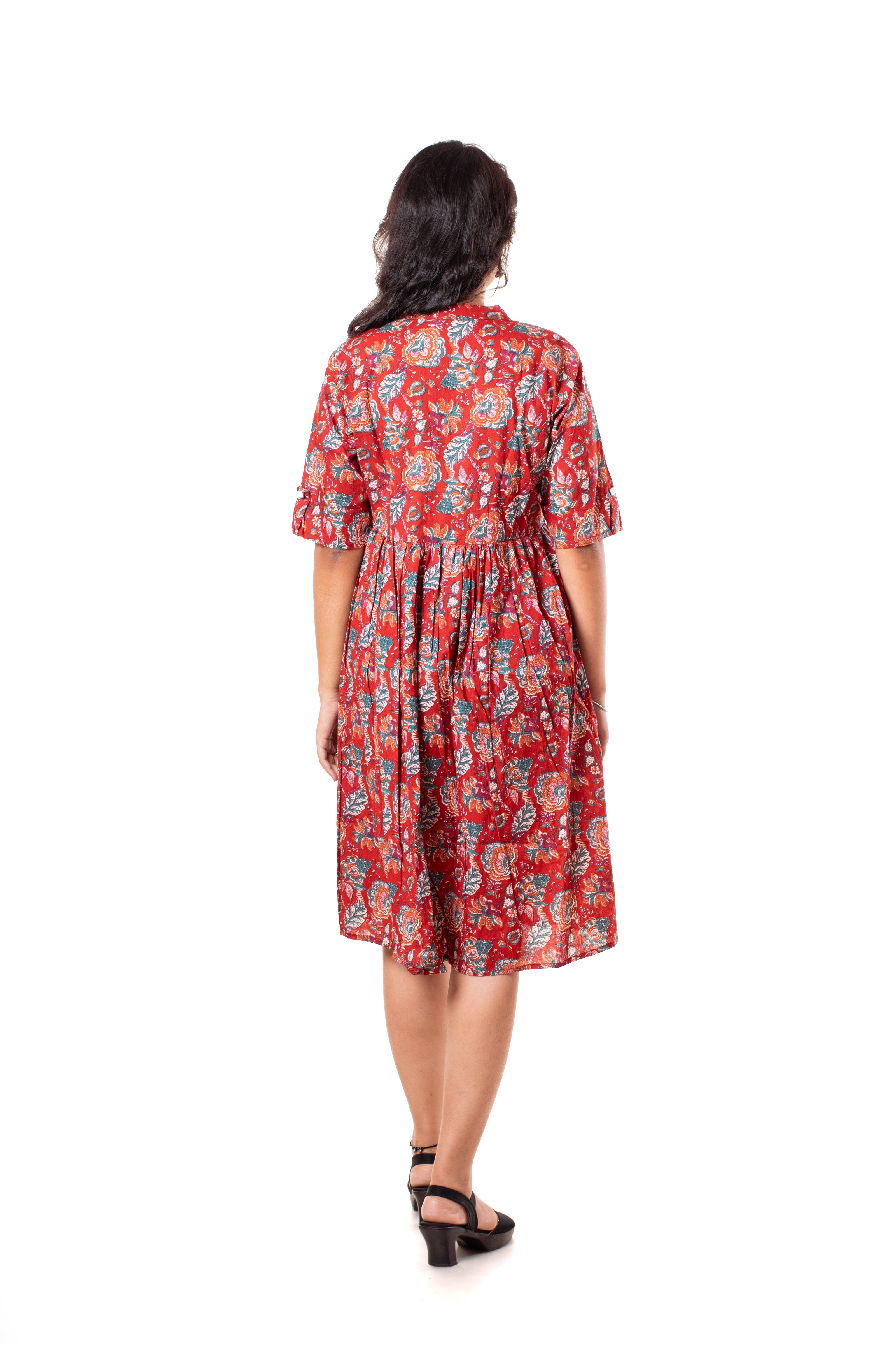 Red Floral Print Cotton A-Line Dress