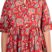 Red Floral Print Cotton A-Line Dress