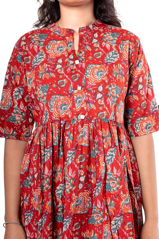Red Floral Print Cotton A-Line Dress
