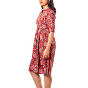 Red Floral Print Cotton A-Line Dress