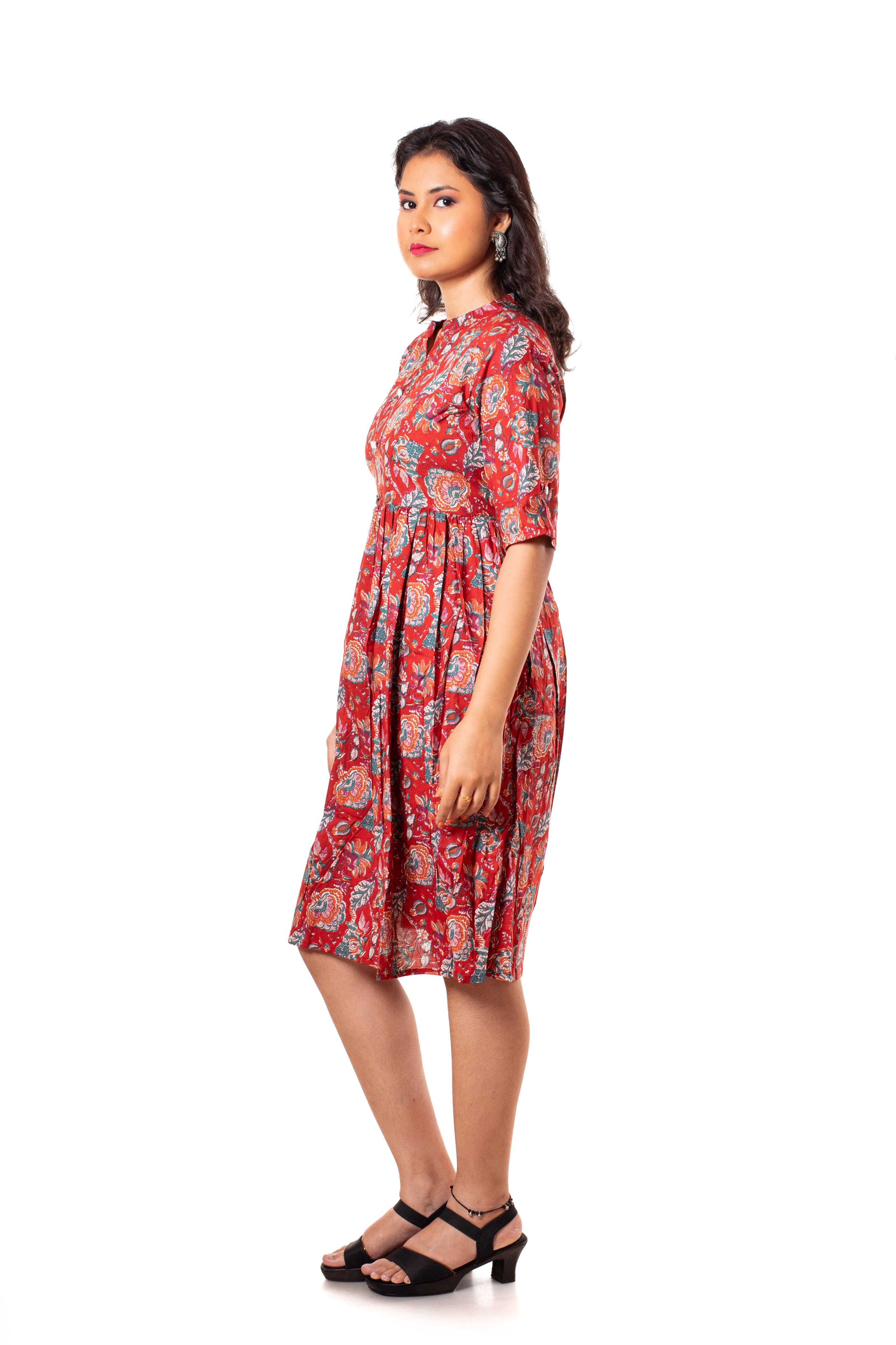 Red Floral Print Cotton A-Line Dress