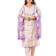 Ivory Purple Floral Print Cotton Salwar Kameez Set for Women
