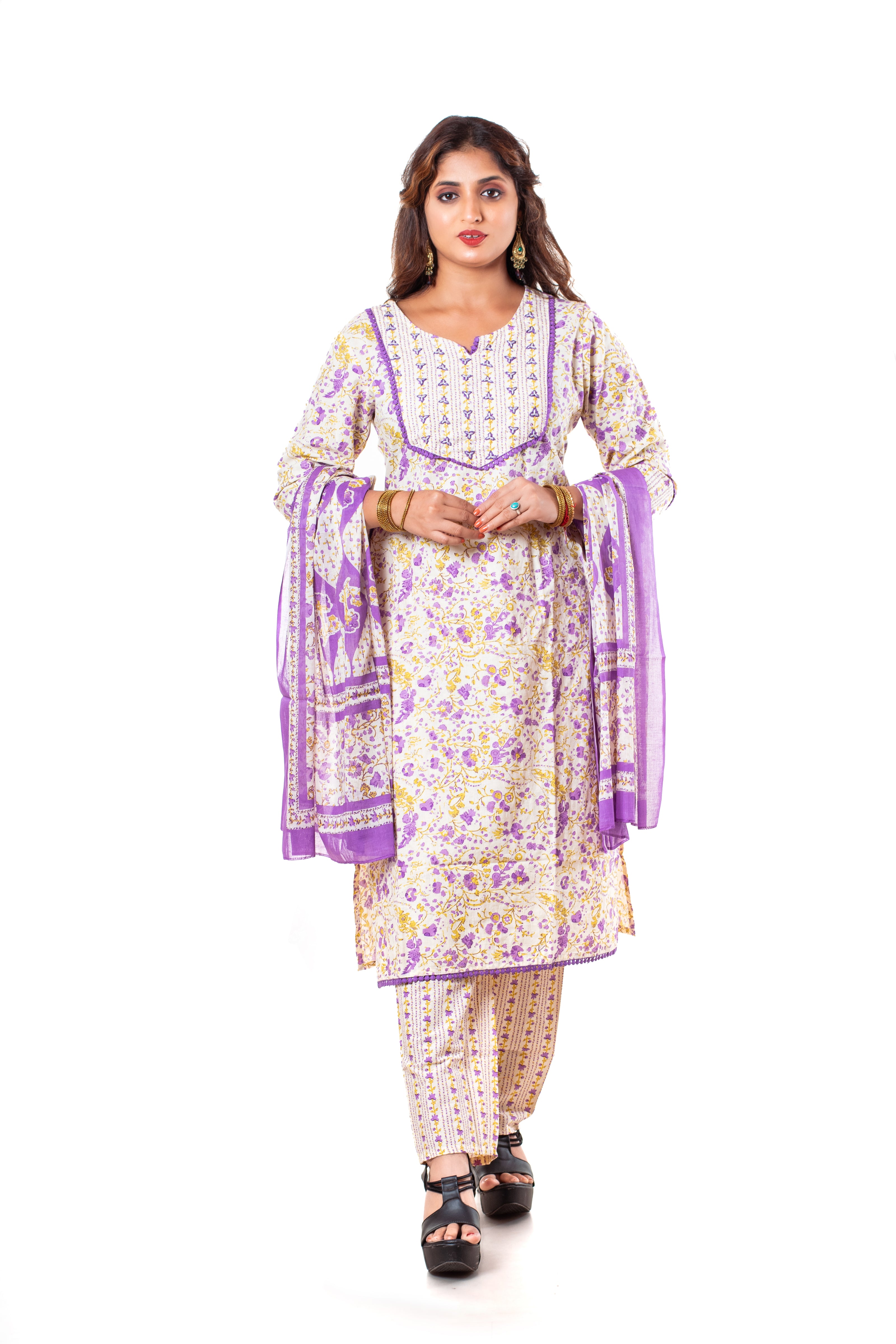 Ivory Purple Floral Print Cotton Salwar Kameez Set for Women