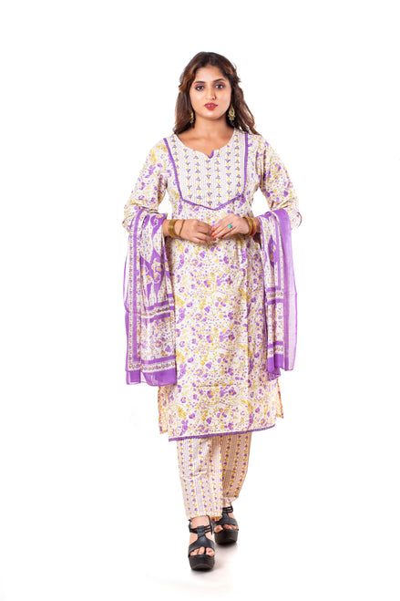 Ivory Purple Floral Print Cotton Salwar Kameez Set for Women