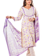 Ivory Purple Floral Print Cotton Salwar Kameez Set for Women
